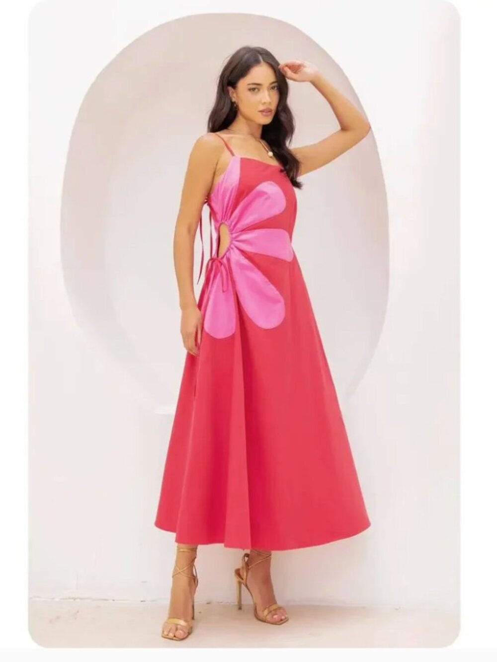Strut and Bolt Sleeveless Side Cut-Out Flower Detail Red Pink Midi Dress M